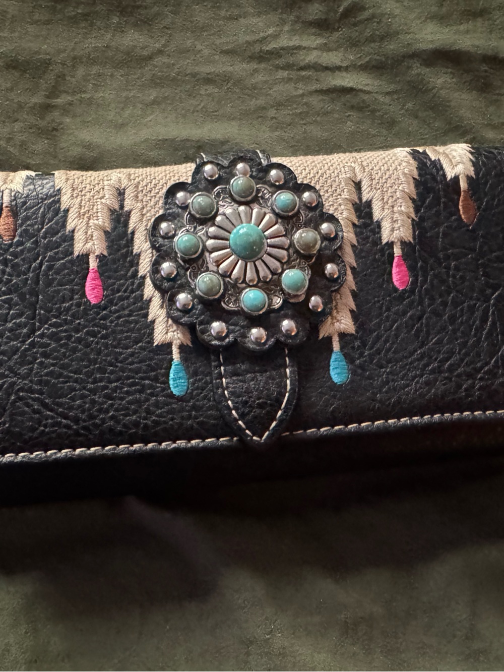 Montana West Black Wallet with Turquoise Concho and Pink & Brown Embroidery